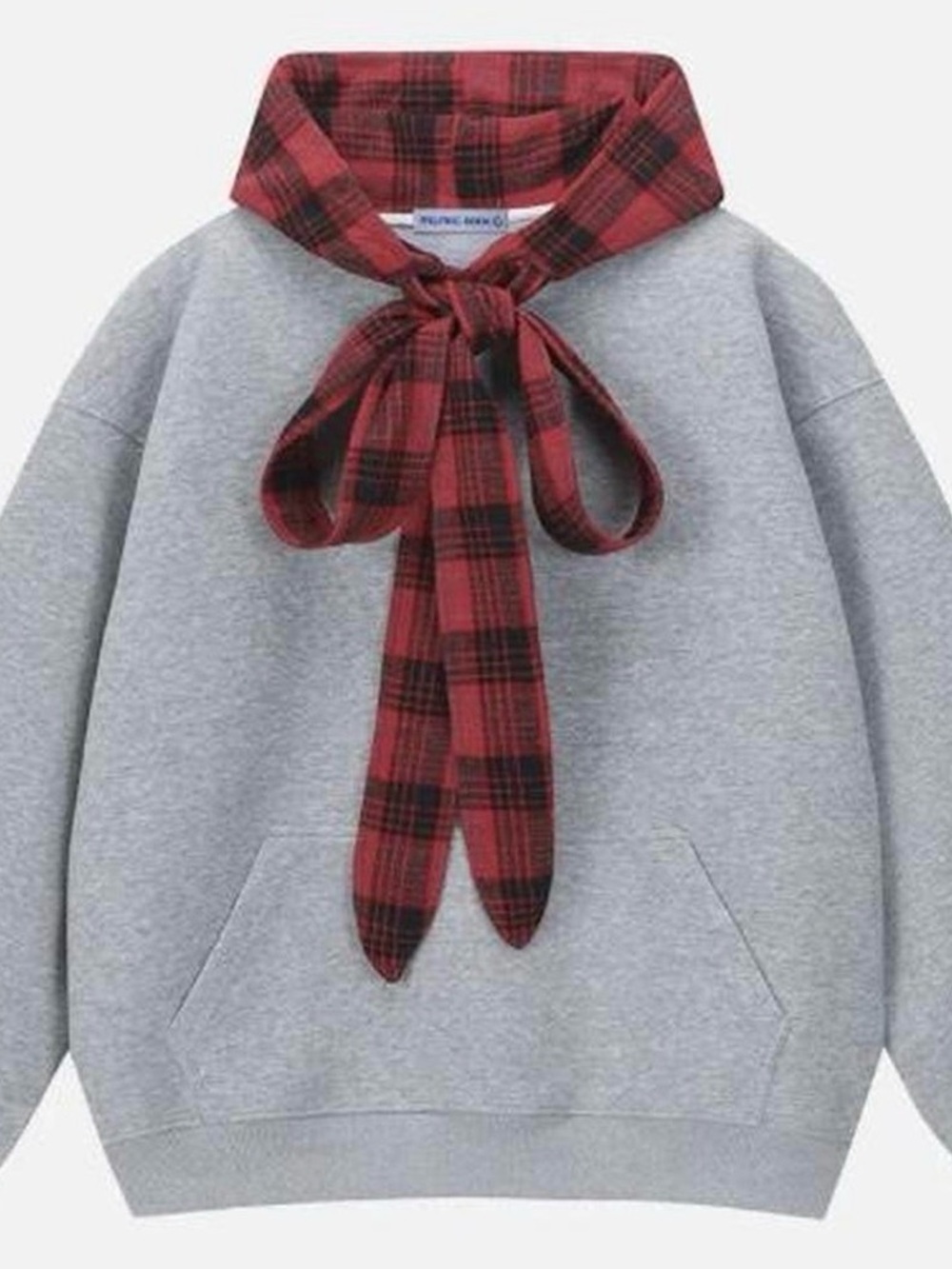Aelfric Eden Gray Hoodie with Red Plaid Bow Accent